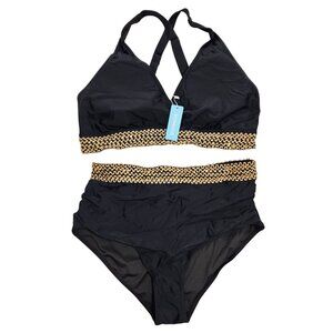 Black Gold High-Waisted Bikini  Strappy Back Crochet Waist Detail SZ 16W Womens
